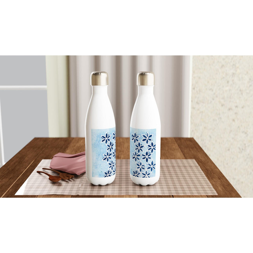 Blue Flowers on Ice White 17oz Stainless Steel Water Bottle