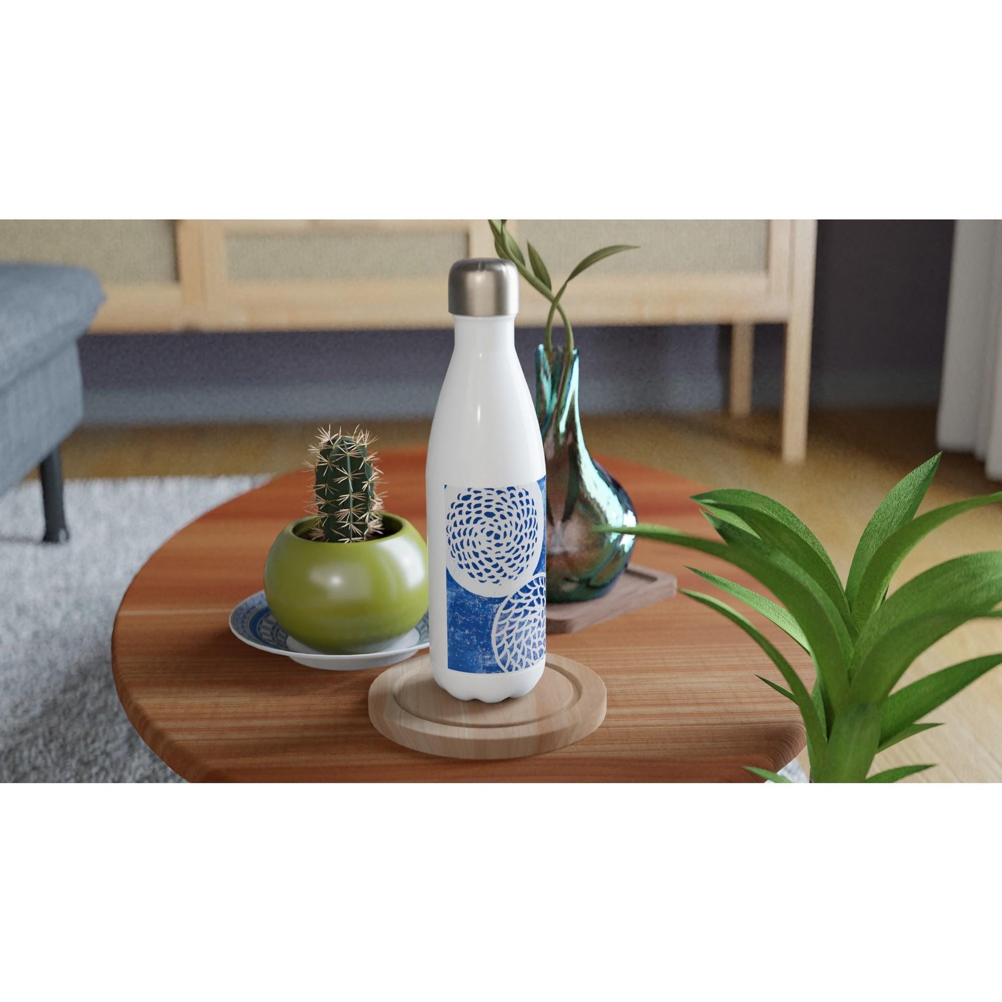 Woven Blue Circles White 17oz Stainless Steel Water Bottle